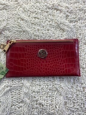Badgley Mischka Red Croc-Embossed Leather Zip Clutch